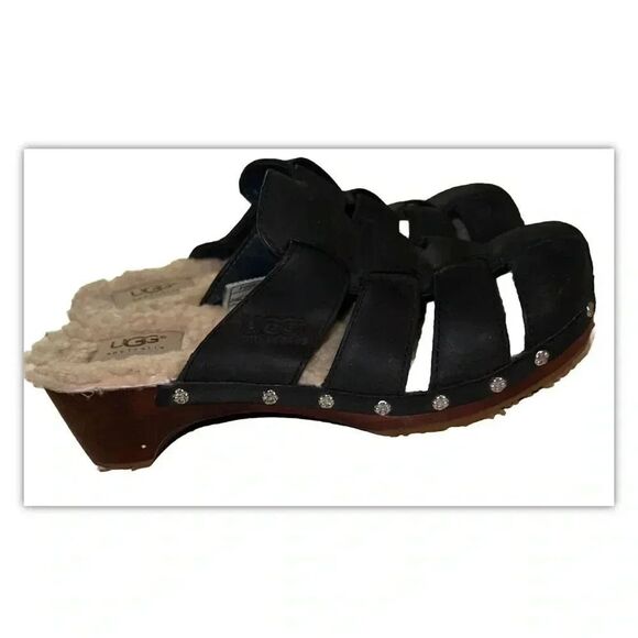 UGG Ore Wooden Leather Fisherman Black Clog Mule Sandals Size 6 - Picture 3 of 8